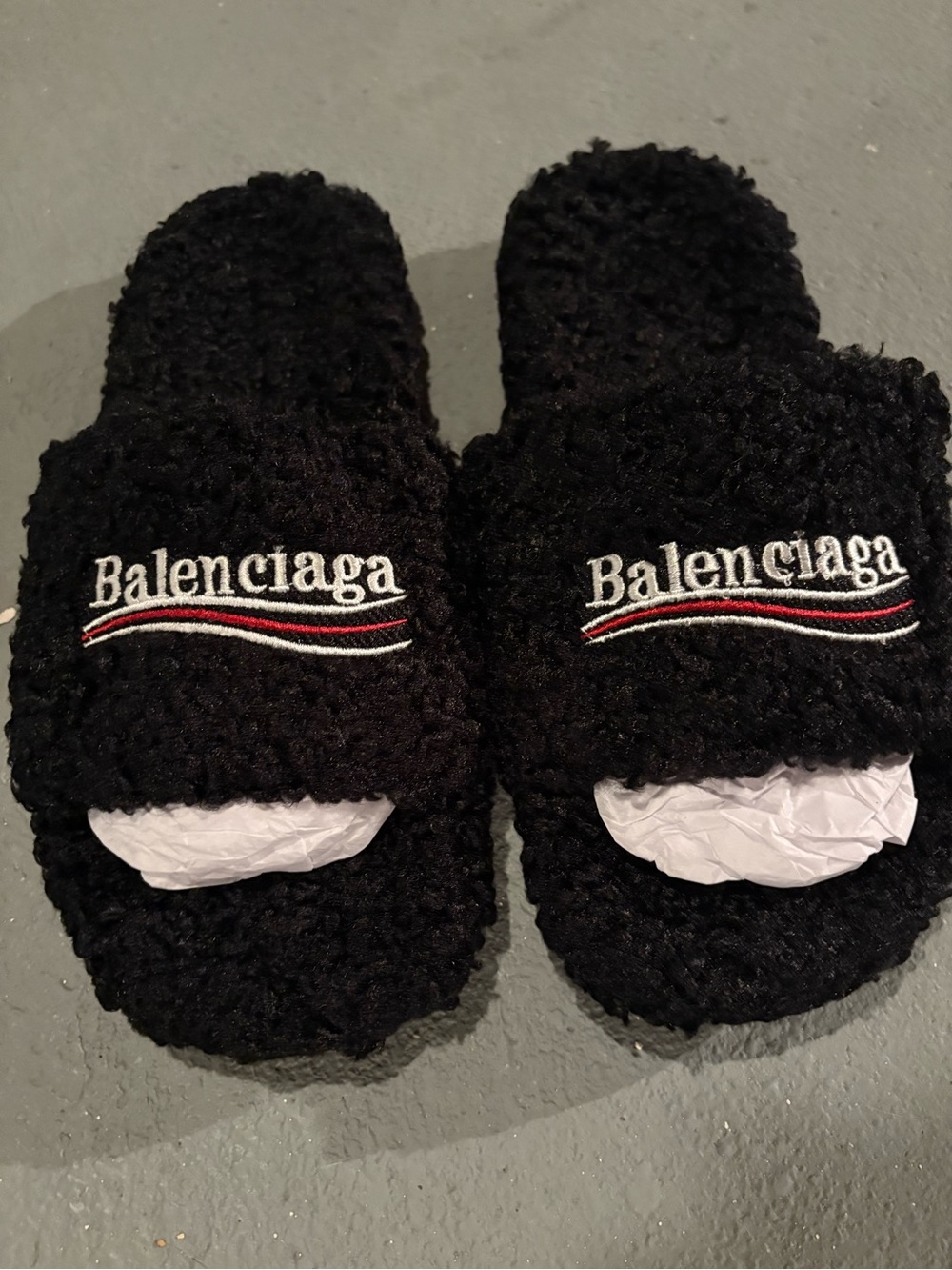 Balenciaga Black Sherpa Logo Slide Sandals with Red & White Accent